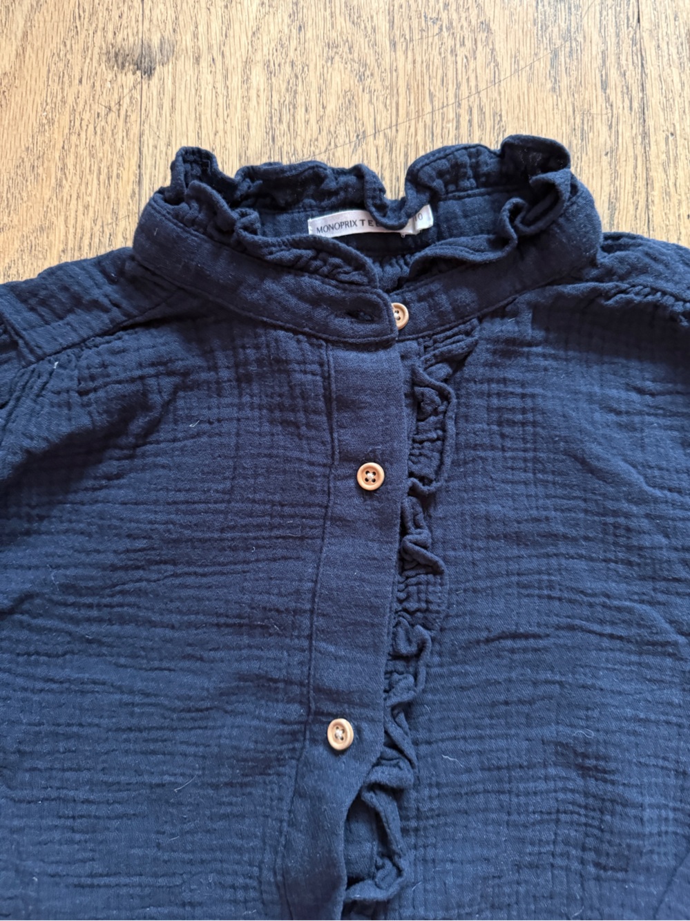 French Girls' Navy Ruffle-Front Button Blouse - Picture 2 of 6
